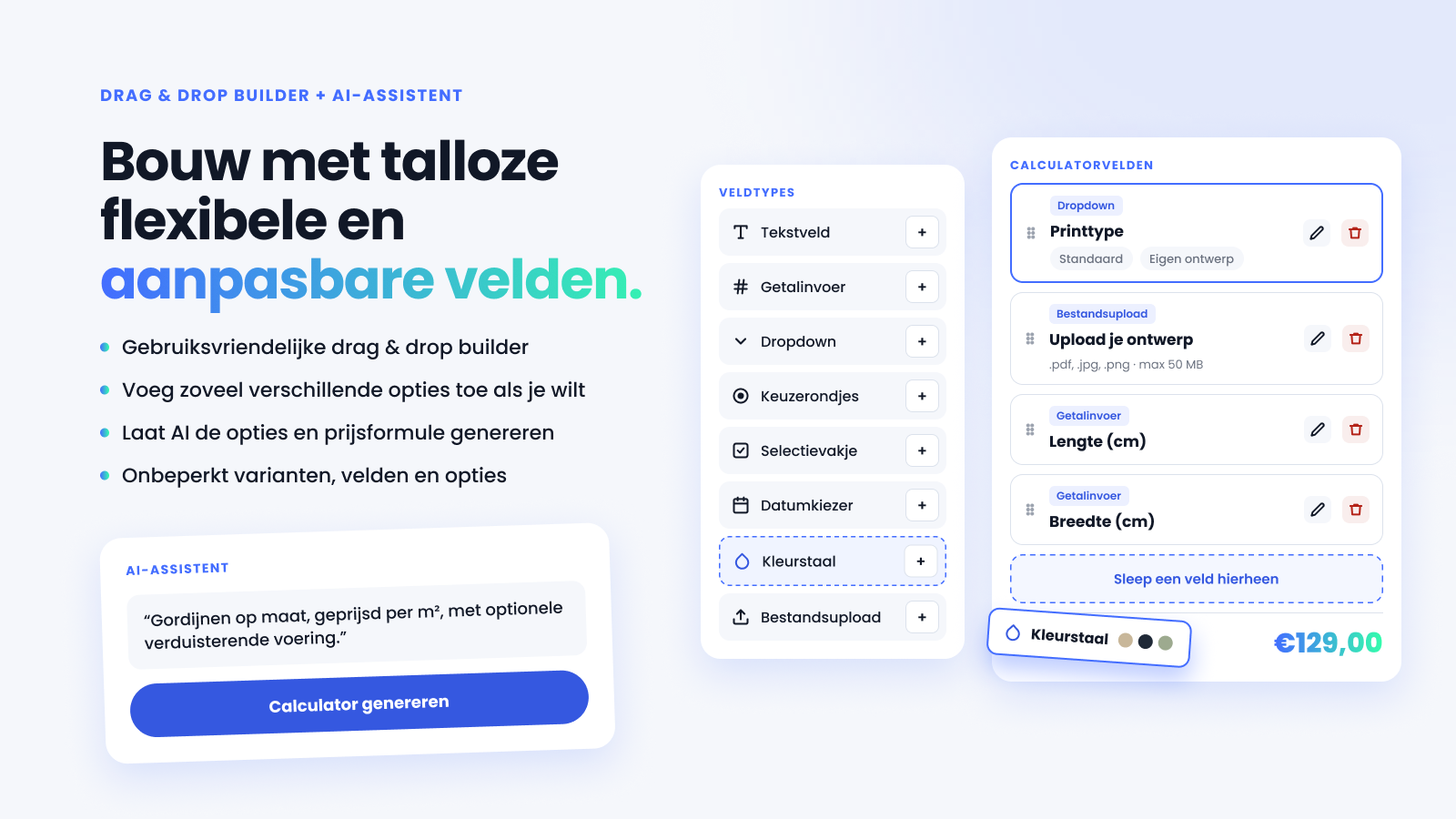 Drag-and-drop builder met AI-assistent, een toolbox en calculatorvelden voor een gordijn.