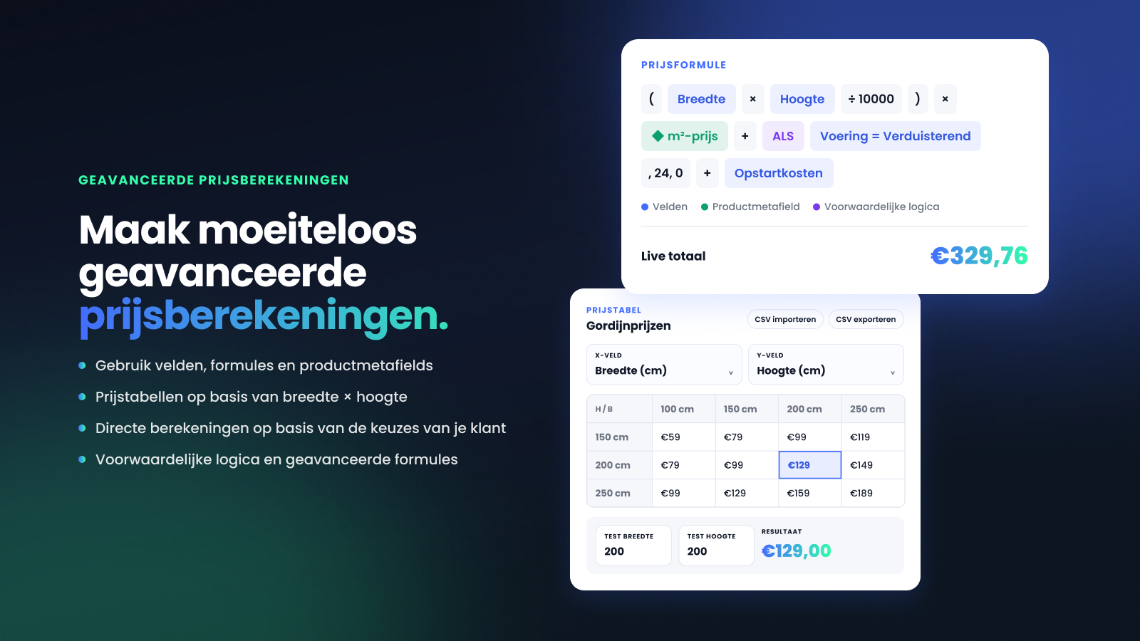 Prijsformule en een prijstabel voor gordijnen, met breedte en hoogte als invoer.