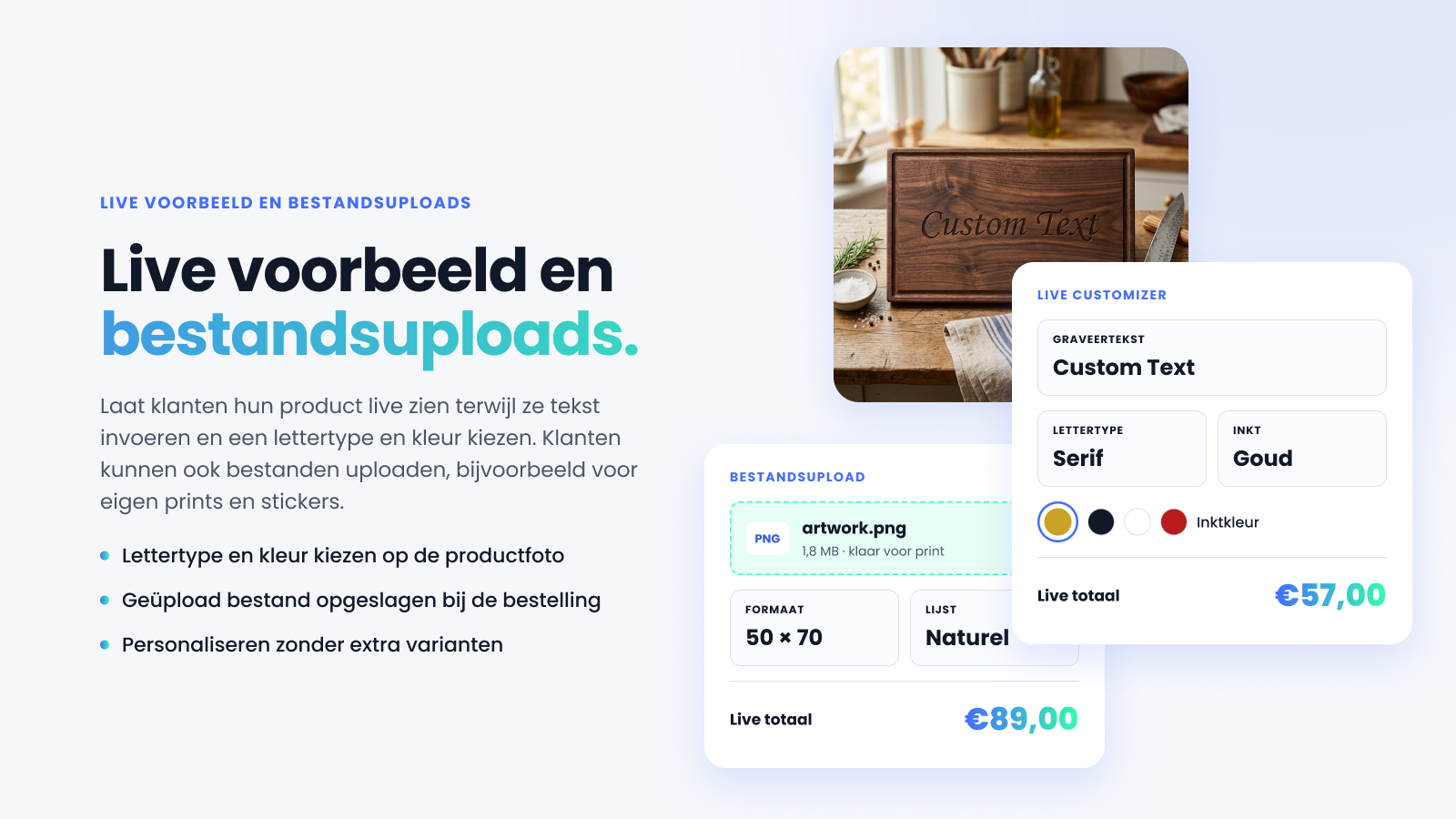 Live preview met tekst op een productfoto, plus een uploadveld voor een bestand.
