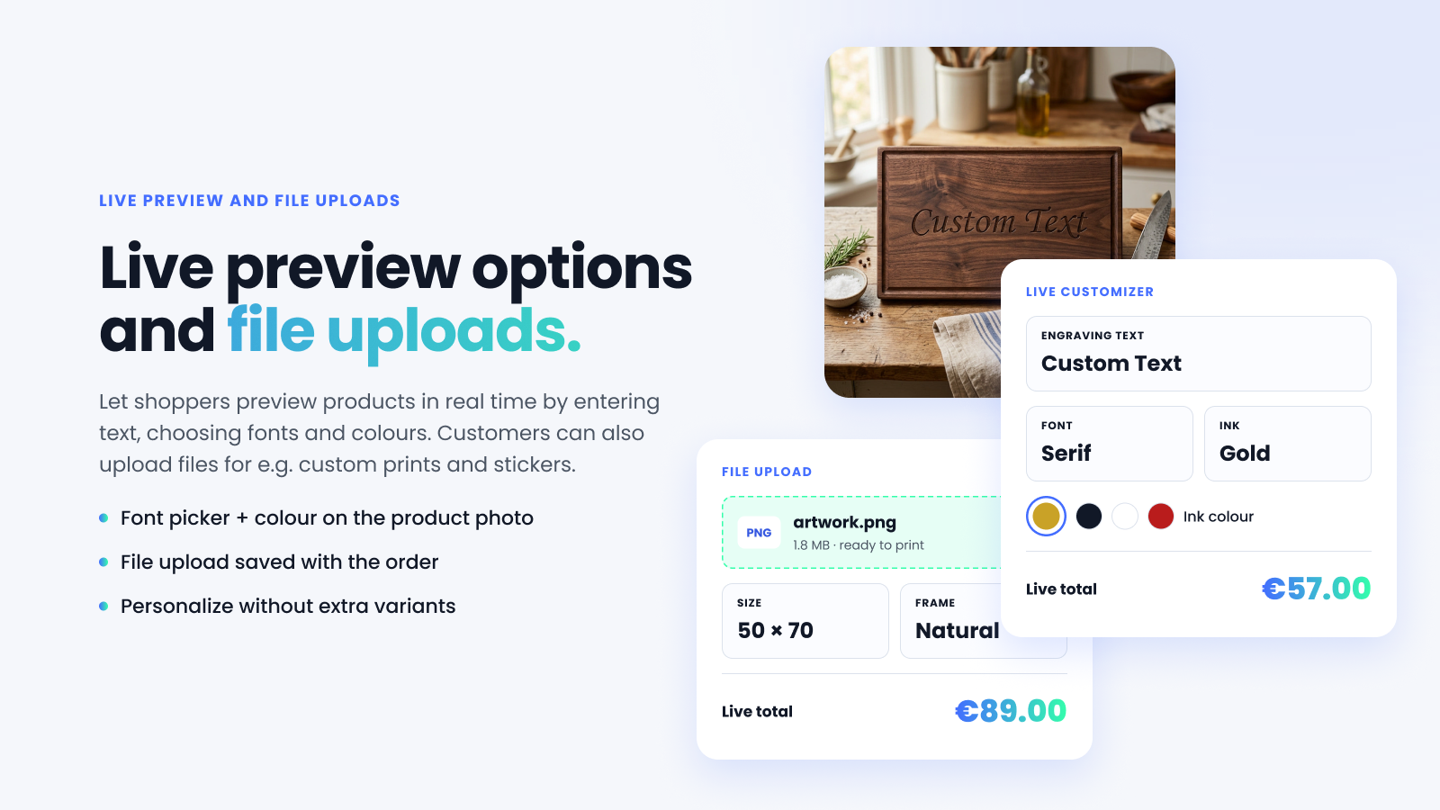 A live preview with text on the product photo, plus a file upload field.